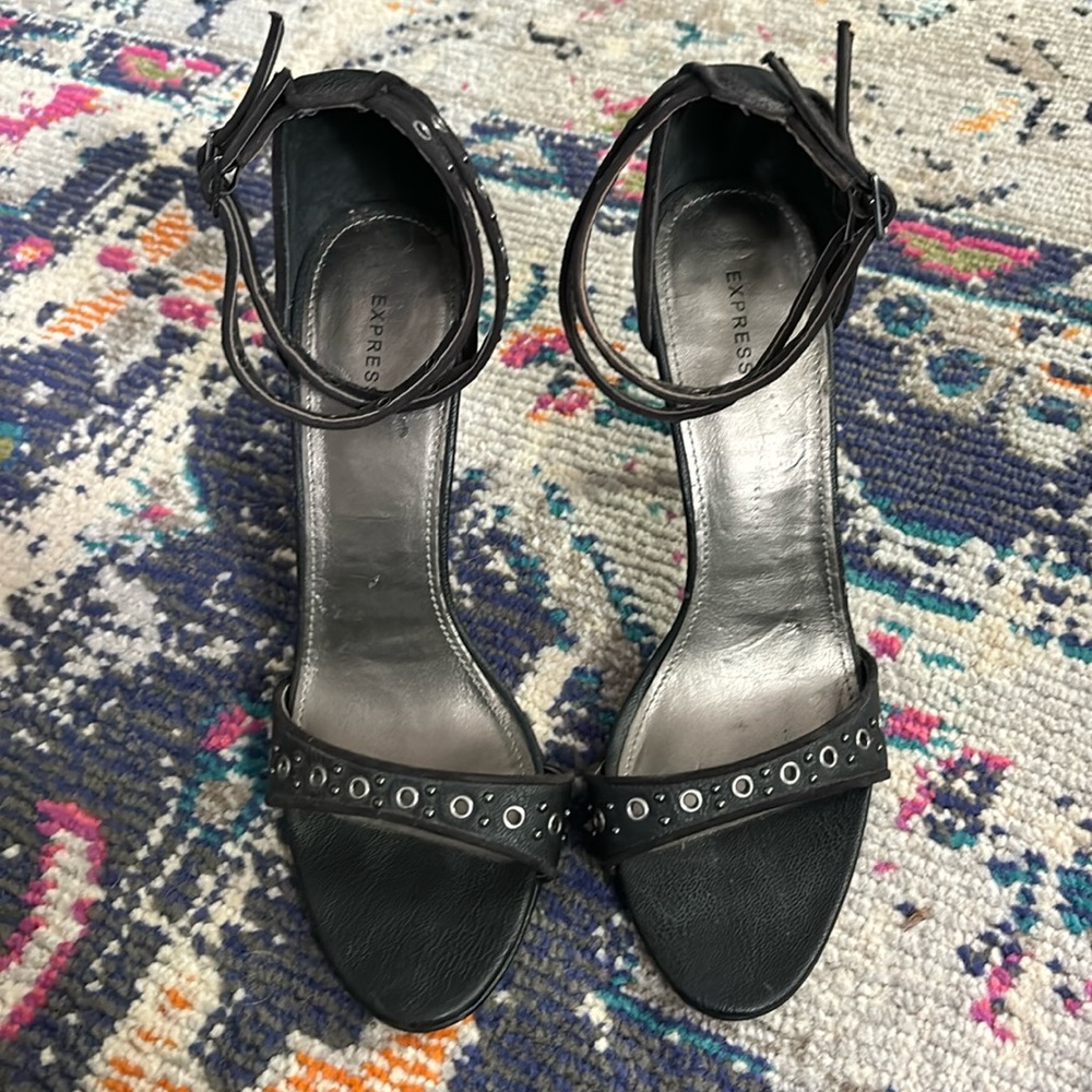 Express black strappy heels with grommet detailing